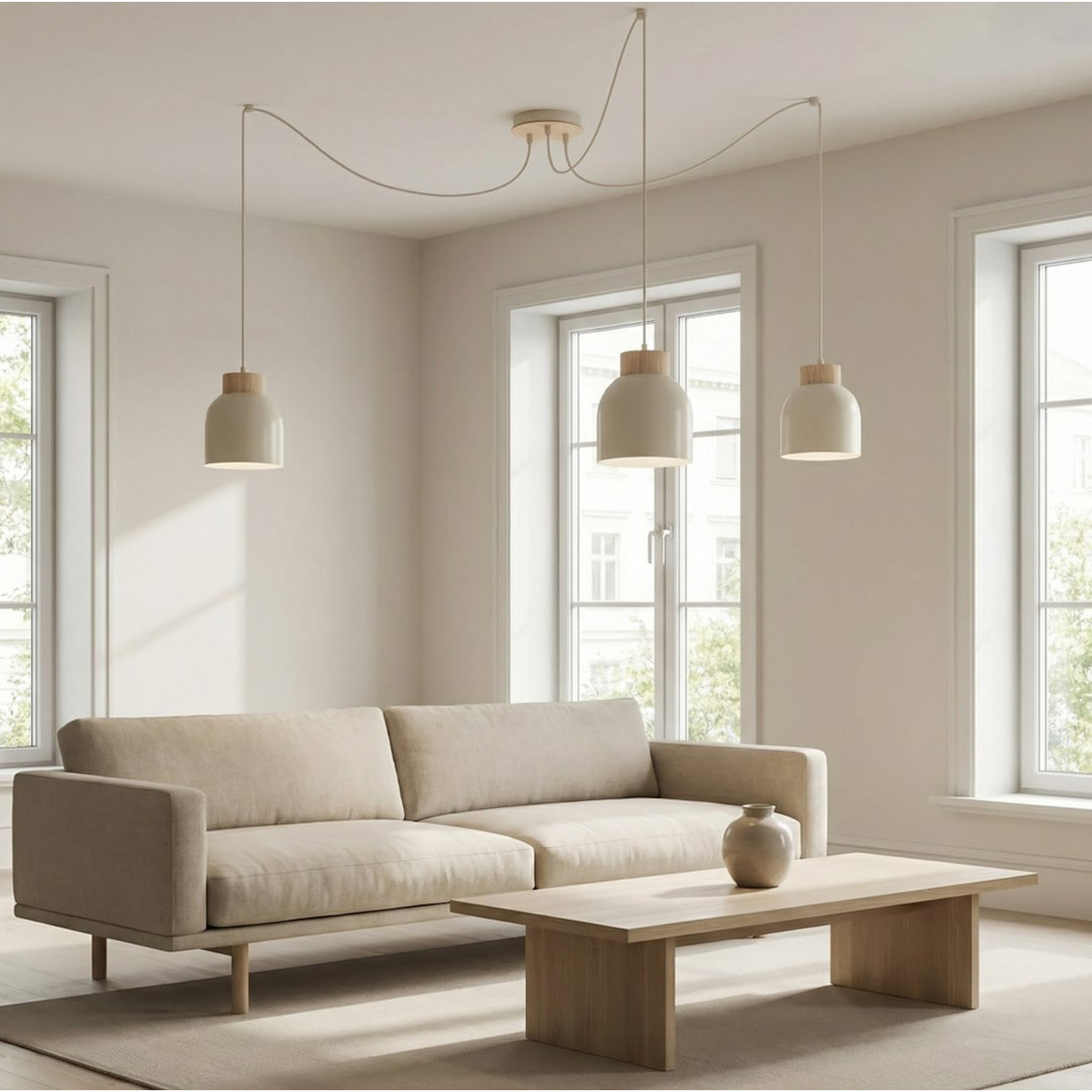 Lampada a sospensione KRU in acciaio beige e legno naturale