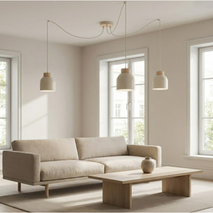 Lampada a sospensione KRU in acciaio beige e legno naturale