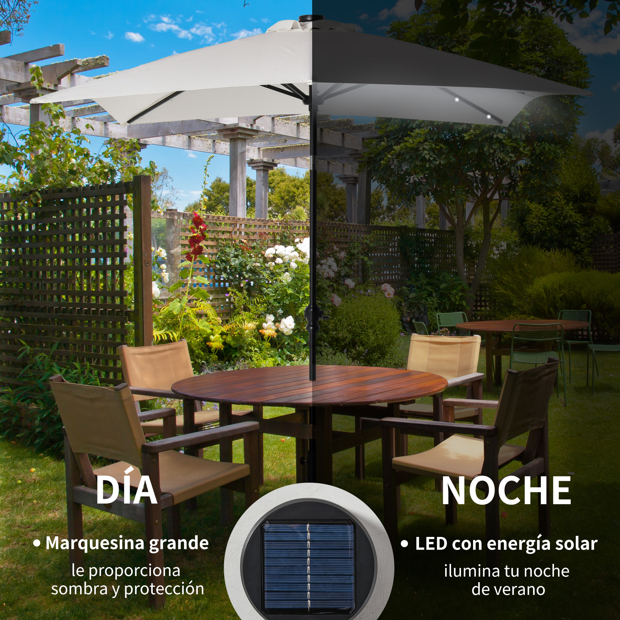 Sombrilla Terraza Exterior 268x205x248 cm Sombrilla de Jardín con Techo Inclinable hasta 45° Luces LED Solares Poste de Acero y Manivela Parasol para Patio Terraza Blanco