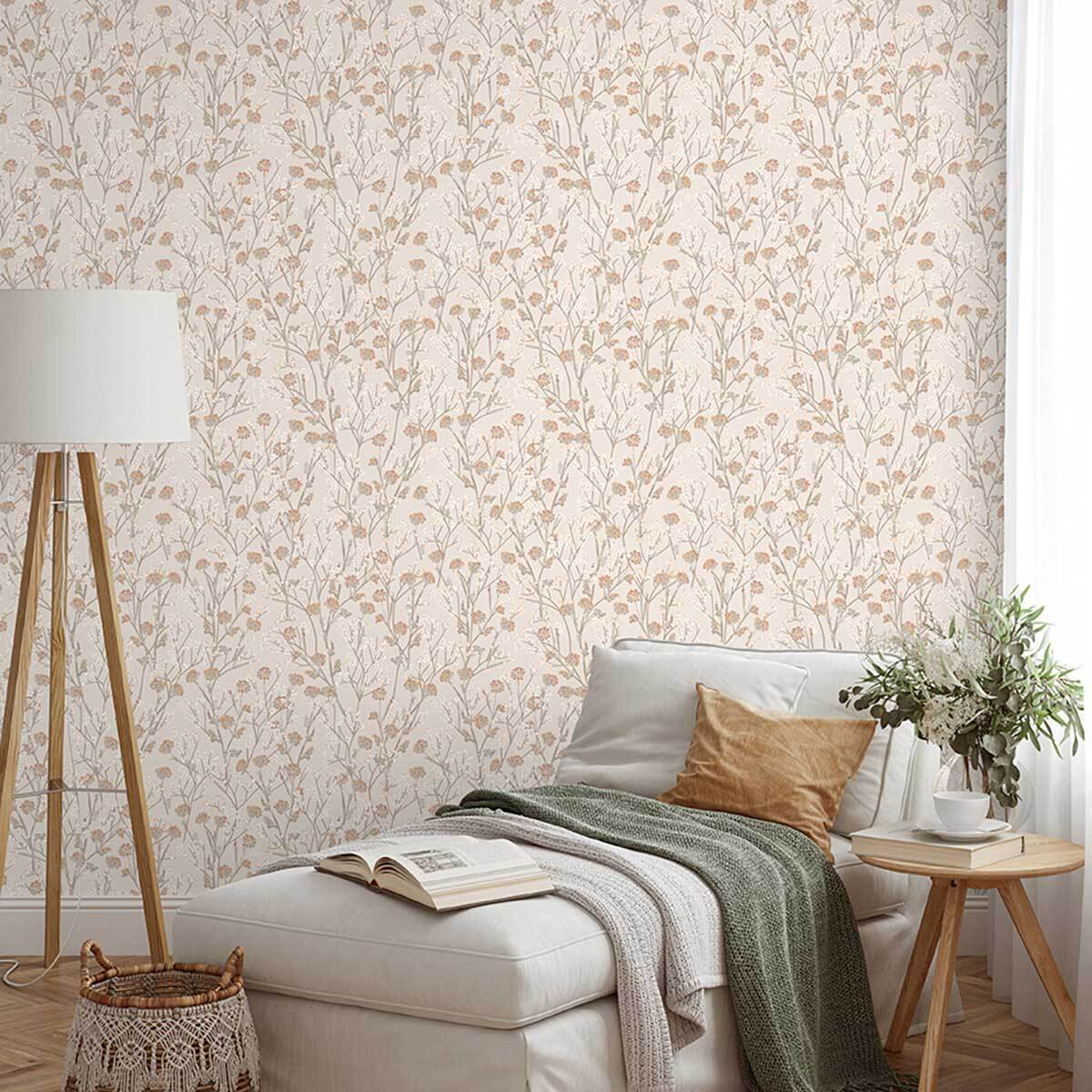 Papier peint fleurs sauvages beige lin délicat