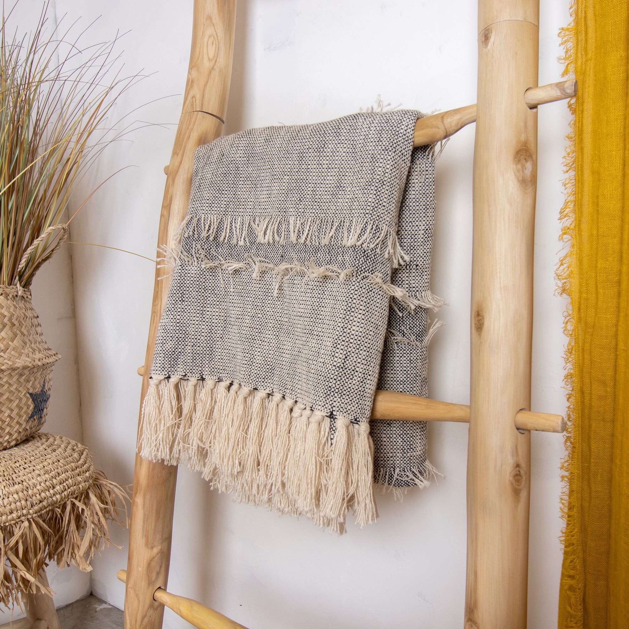 Plaid en coton beige et noir 150cm SHERPA