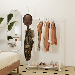 Burro Ropa con Ruedas, Perchero Burro Ropa con 5 Ganchos Barra para Colgar y Balda Inferior Perchero para Recibidor, Entrada, Dormitorio, 86x43x171 cm, Blanco