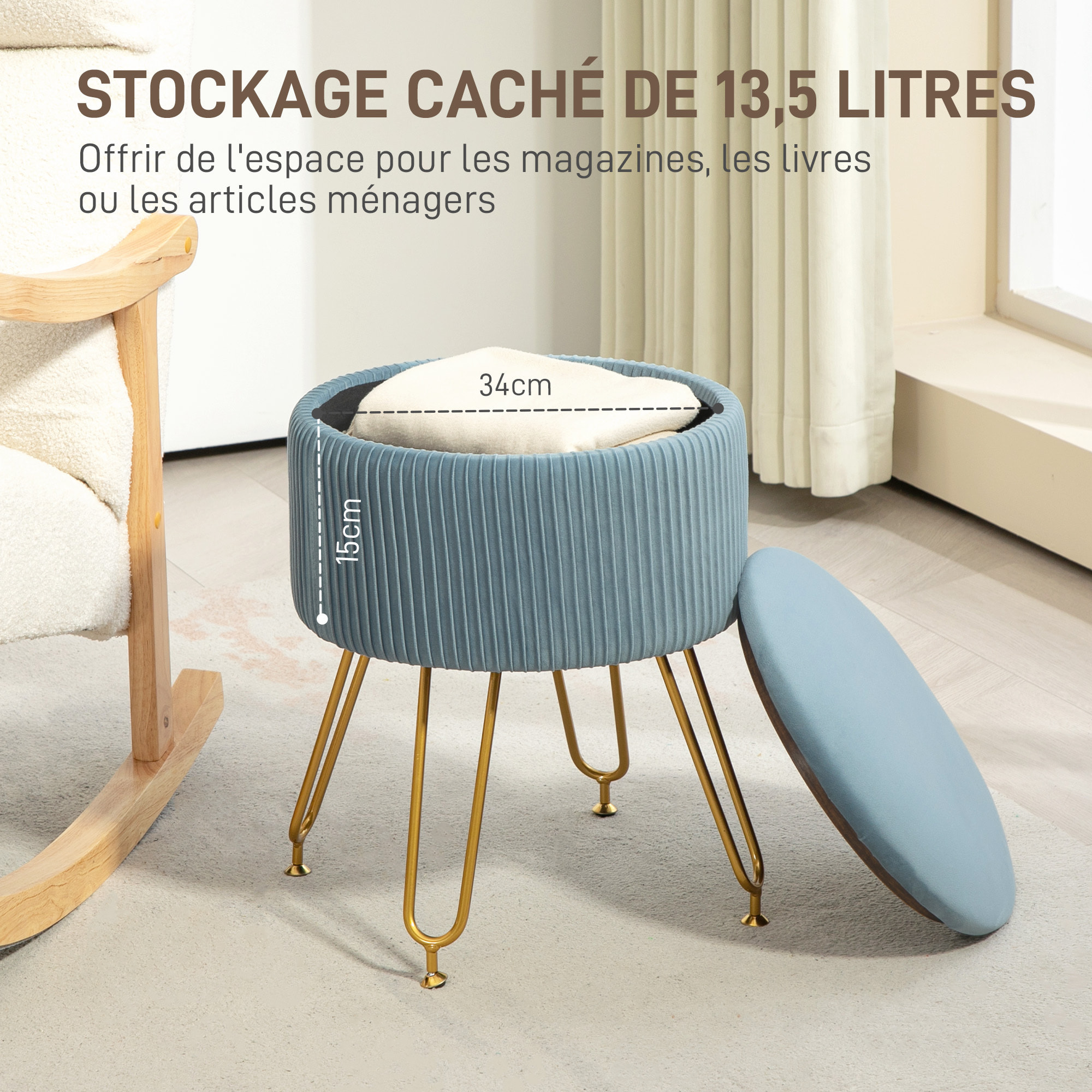 Pouf coffre style Art déco - piètement épingle acier doré assise velours bleu clair