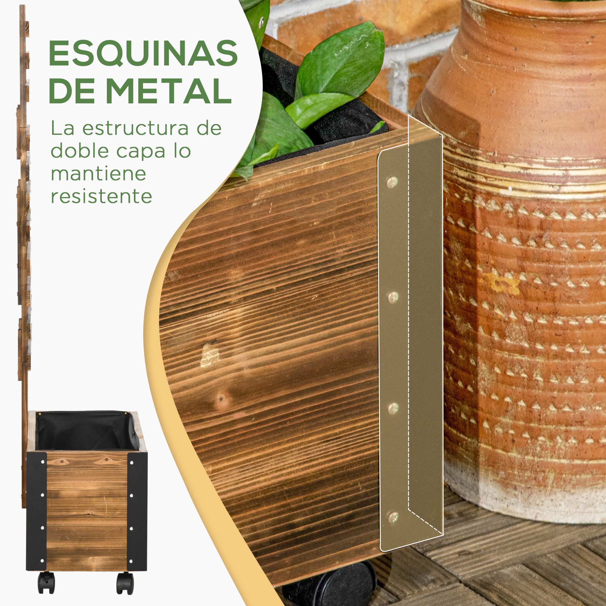 Jardinera Exterior Grande de Madera Jardinera con Celosía para Plantas Trepadoras Tela no Tejida Ruedas y Esquinas Metálicas de Doble Capa para Patio Terraza 65x31x147 cm Carbonizado