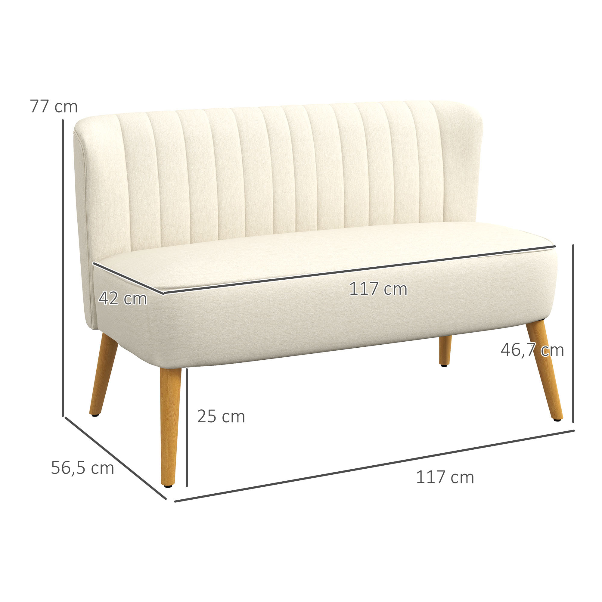 Sofá de 2 Plazas Tapizado en Lino Sintético, Sofá Moderno con Asiento y Respaldo Acolchados, Patas de Madera de Caucho, Carga 220 kg para Dormitorio, Salón, Espacios Pequeños, Blanco Crema