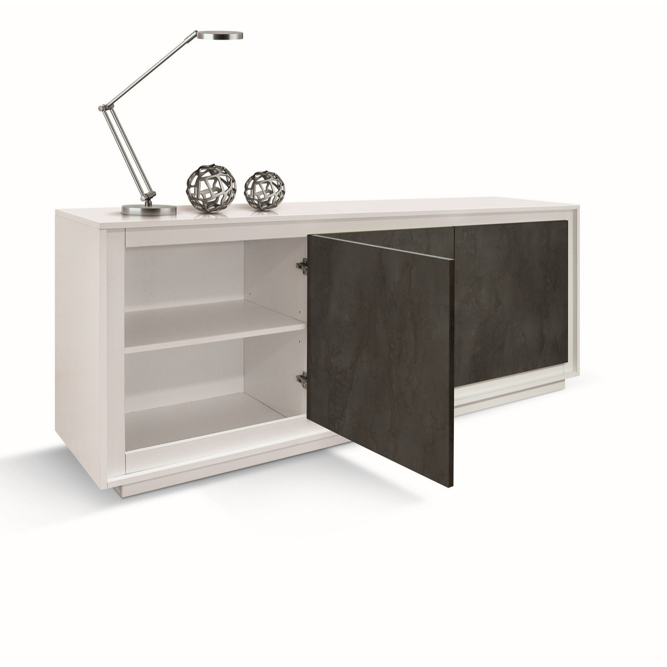 Credenza LAMPEDUSA in legno, finitura bianco frassinato ante finitura acciaio ossidato, 180x50 cm