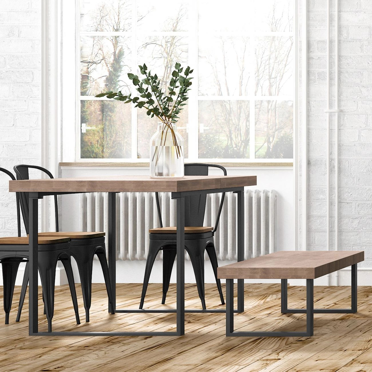Banco de madera con patas metálicas en negro y roble honey 120x34 cm Loft Roble Honey - Negro