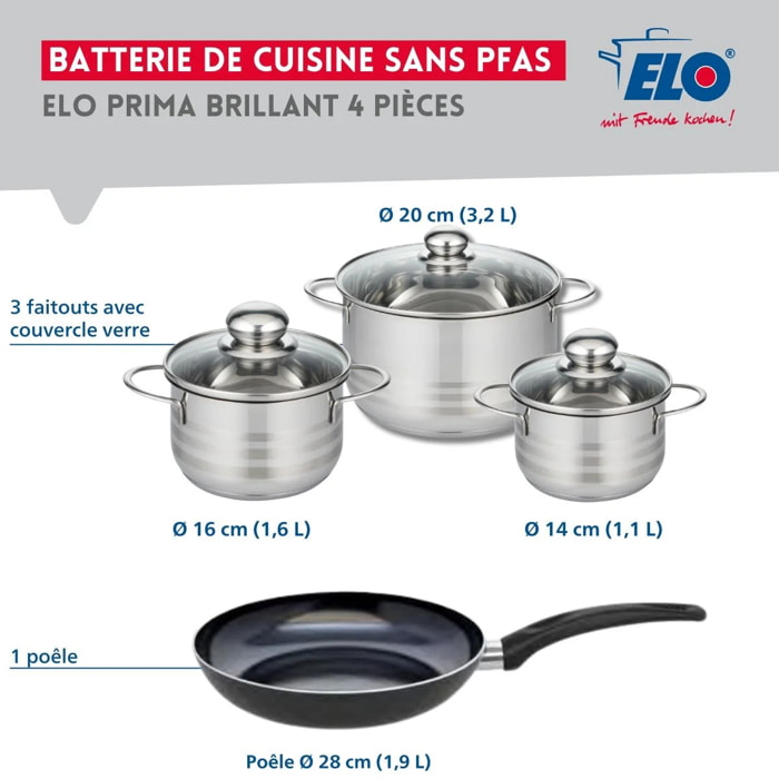 Ensemble de 1 Poêle de cuisson 28 cm et 3 faitouts 14, 16 et 20 cm Elo Prima Brillant