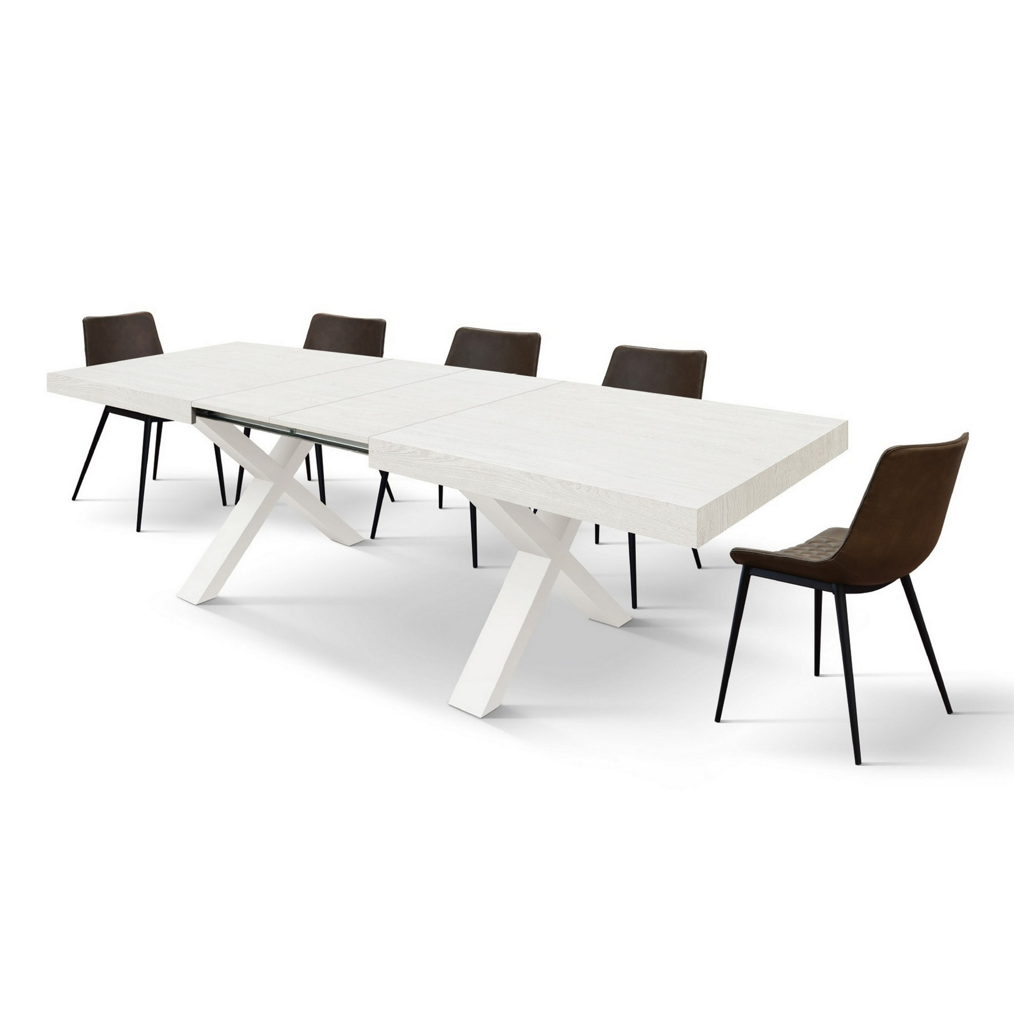 Tavolo allungabile AMALFI in legno effetto bianco frassinato e gambe a X bianche, allungabile 160x90 cm - 240x90 cm