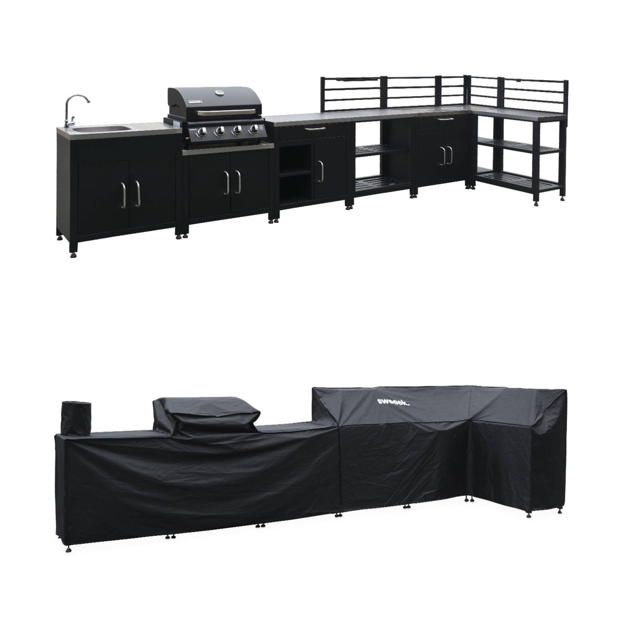 Ensemble de meubles de cuisine extérieure en acier inoxydable 7 modules avec barbecue au gaz 4 brûleurs et housse de protection