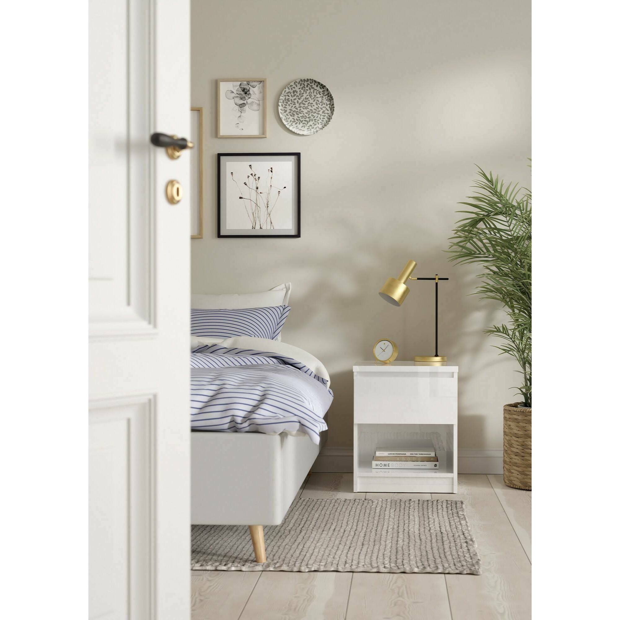 Comodino Scolastica, Comò basso, Tavolino da notte, Mensola da letto, 40x40 h50 cm, Bianco lucido
