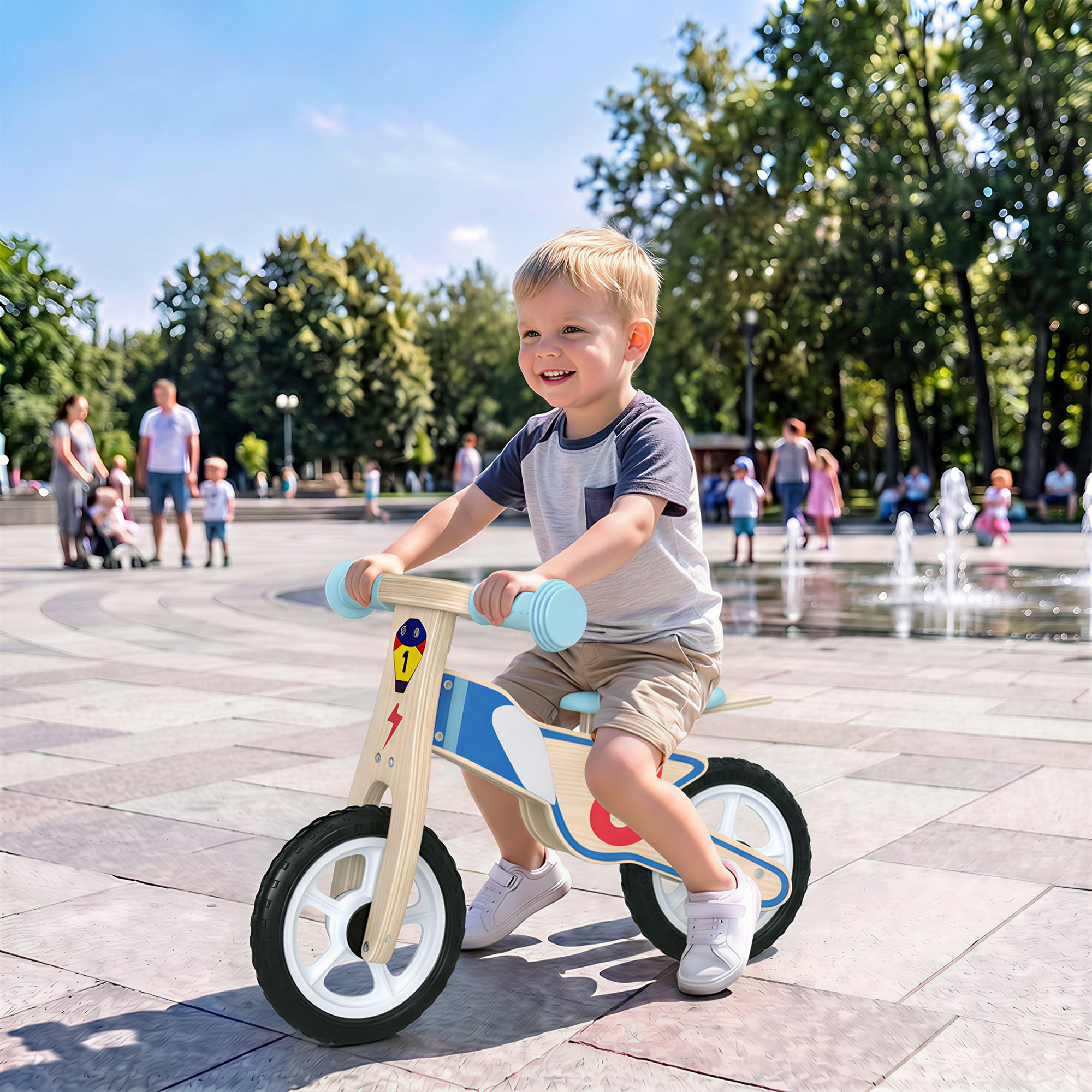 Draisienne enfant bois moto flamme selle réglable pneus EVA