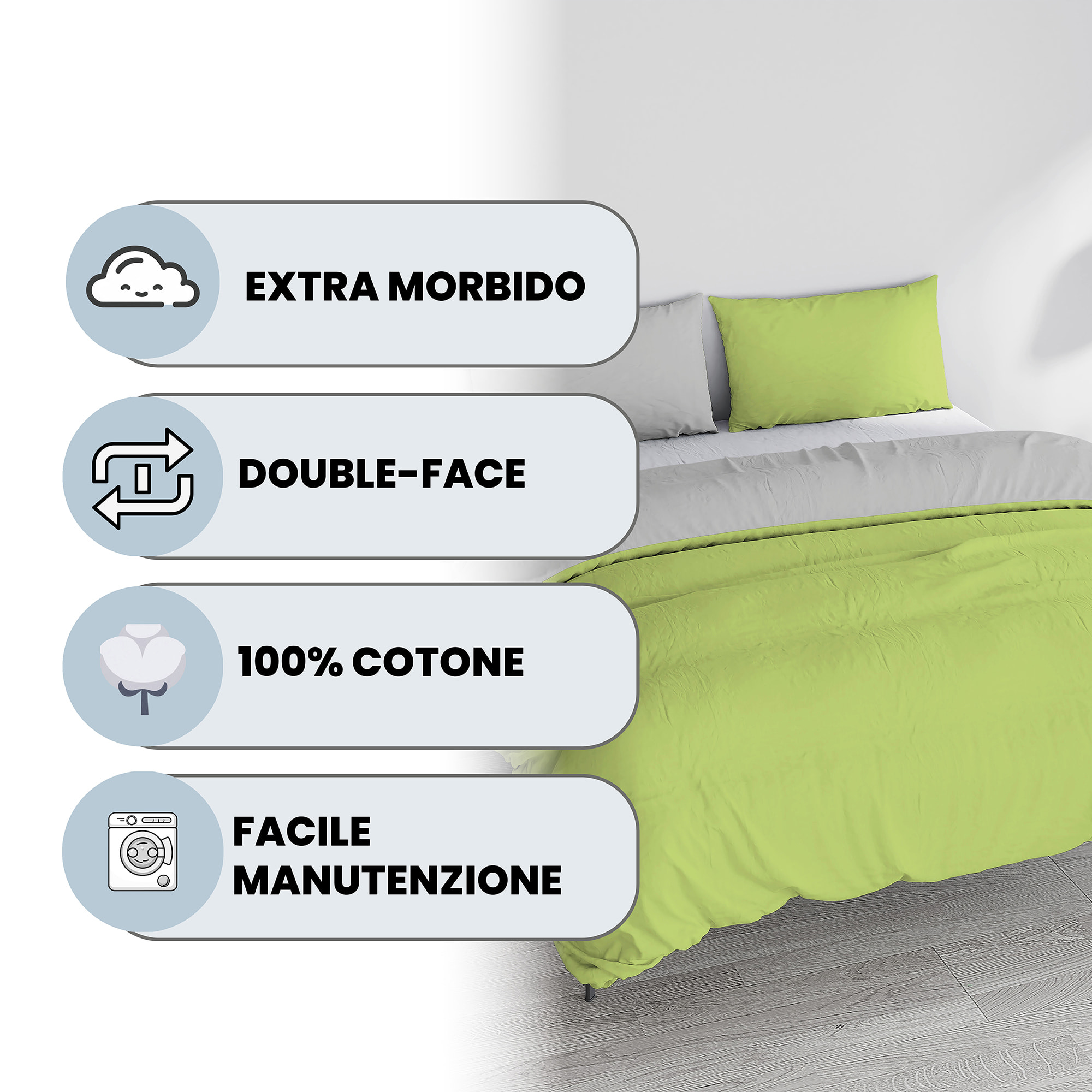 PARURE COPRIPIUMINO NATURAL COLOR, 100% Cotone, Made in Italy - VERDE ACIDO/GRIGIO CHIARO