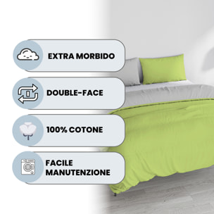 PARURE COPRIPIUMINO NATURAL COLOR, 100% Cotone, Made in Italy - VERDE ACIDO/GRIGIO CHIARO