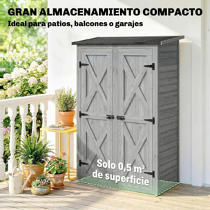 Caseta de Jardín de Madera 115x53x156 cm, Cobertizo Jardín Exterior, Armario Exterior para Herramientas con Puertas Dobles con Pestillo, 2 Estantes y Techo Inclinado, Resistente, Gris