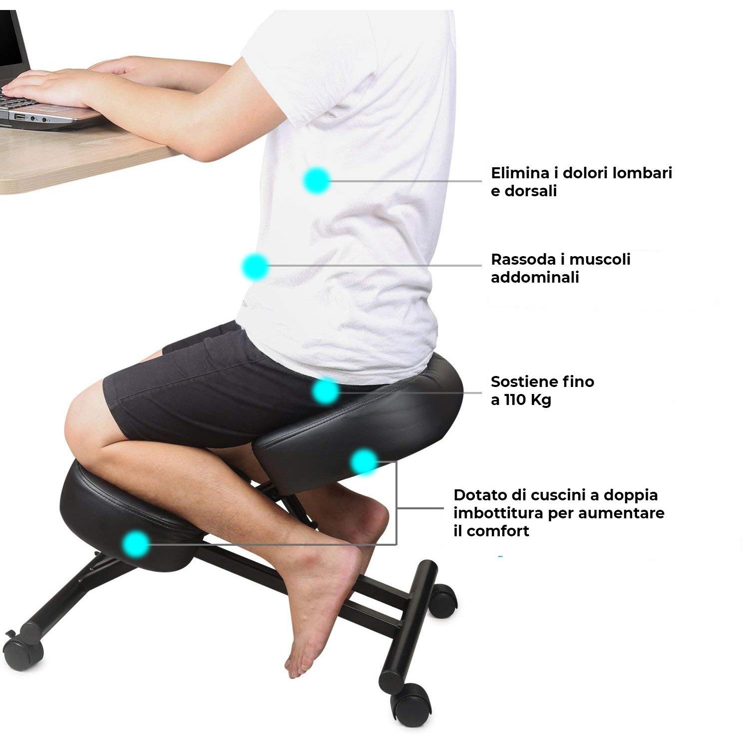 Sedia Sgabello Ortopedico Posturale Regolabile in Altezza con Cuscini Ultra-Comfort e Sistema di Bloccaggio Ruote