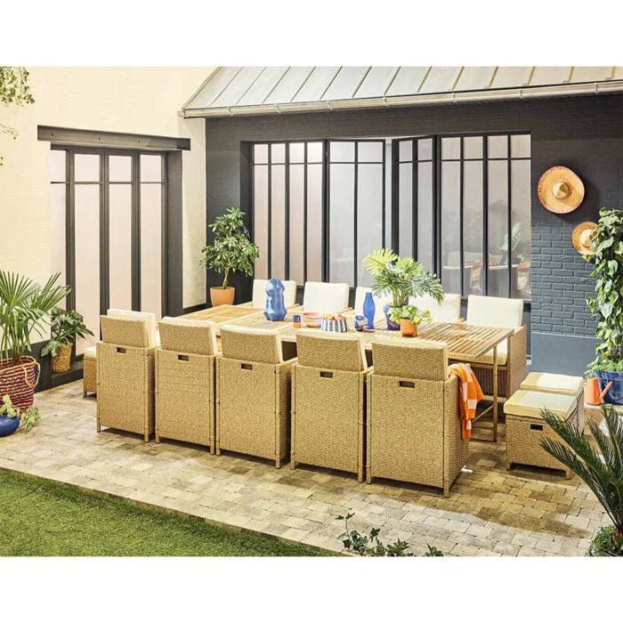Cuba – salon de jardin encastrable en résine tressé beige - 14 places - coussins beige + housse de protection - Beige