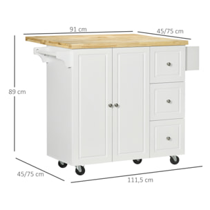 Desserte de cuisine multi rangement 3 tiroirs 2 portes avec étagère rack épices porte-torchons plateau rallonge hévéa MDF blanc