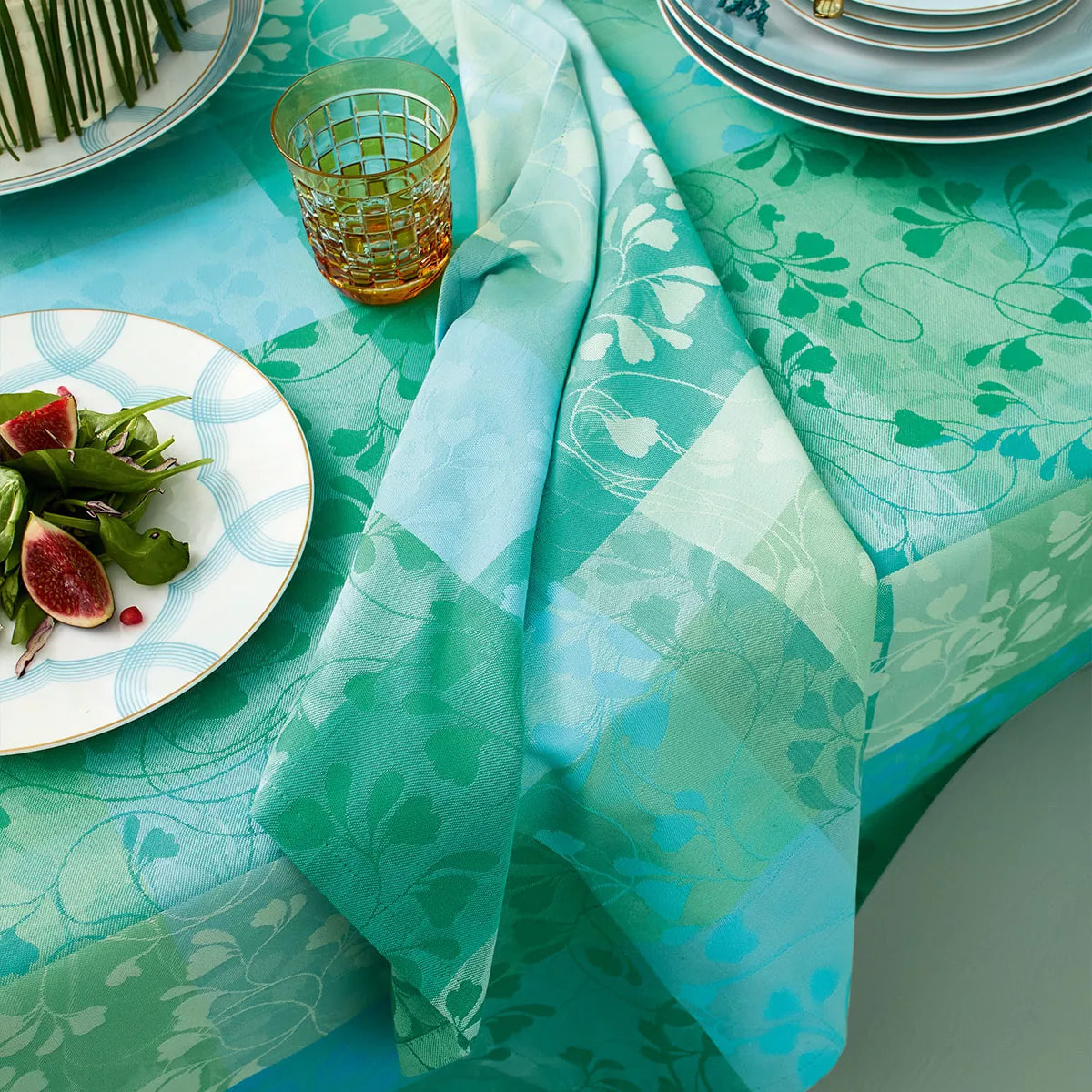 Nappe pur coton motif jacquard bleu vert Mille feuillages turquoise