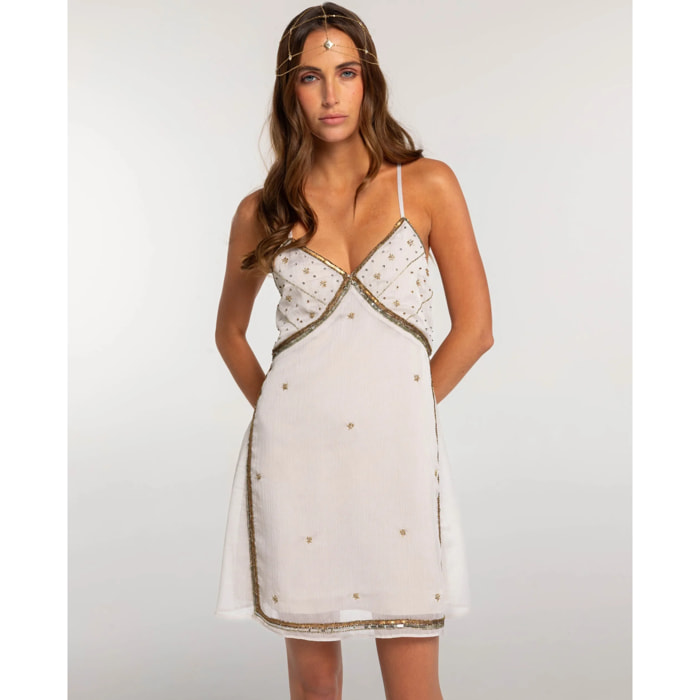 Vestido corto de tirantes con bordados
