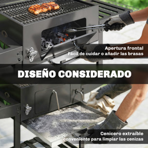 Barbacoa de Carbón Portátil, Barbacoa de Carbón Móvil con Bandeja Ajustable, Estantes Plegables, Termómetro, Tapa, Chimenea, Ventilaciones, Cajón de Cenizas, Ruedas, Cesta Lateral, Asa, Negro