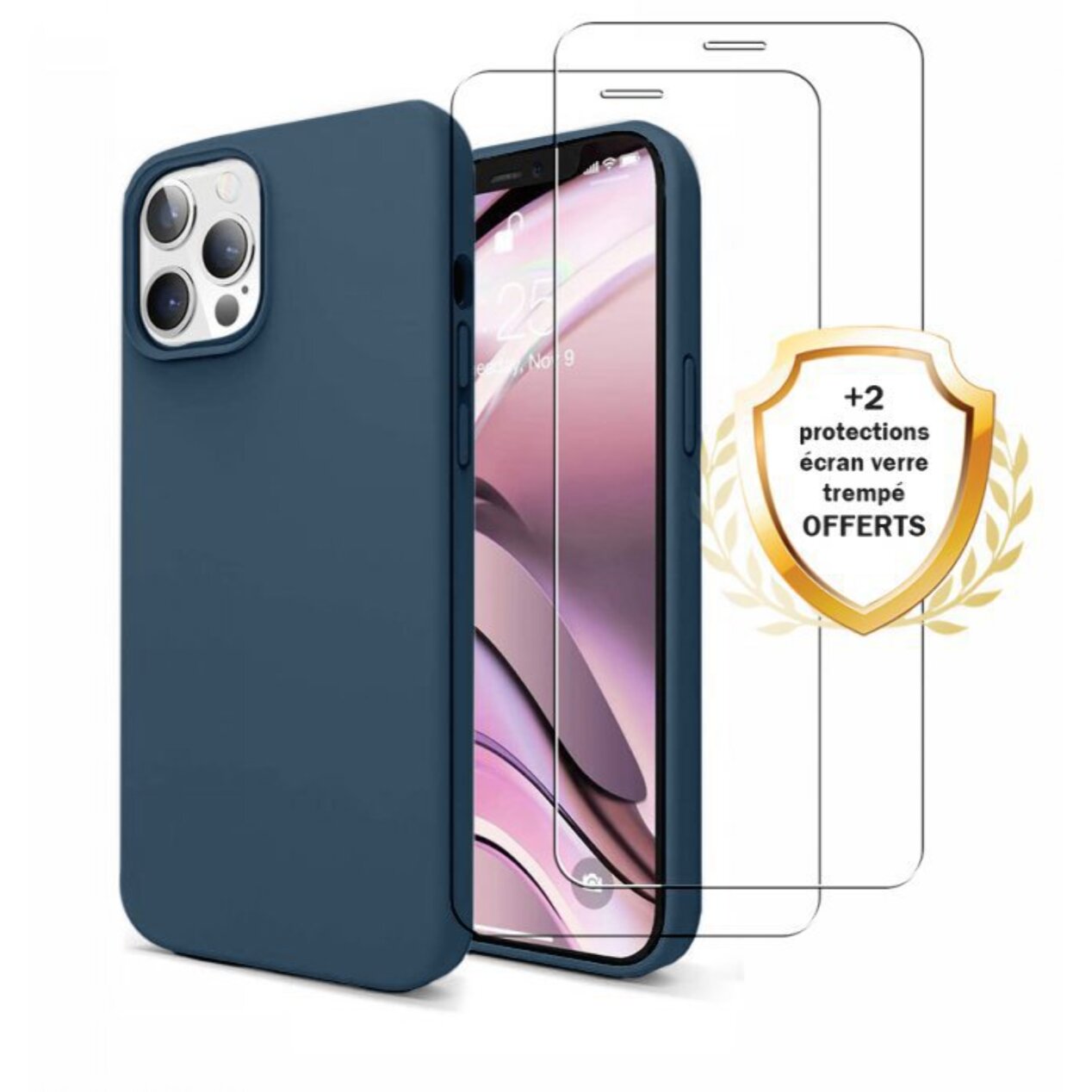 Coque iPhone 13 Pro Silicone liquide Bleu Marine + 2 Vitres en Verre trempé Protection écran Antichocs