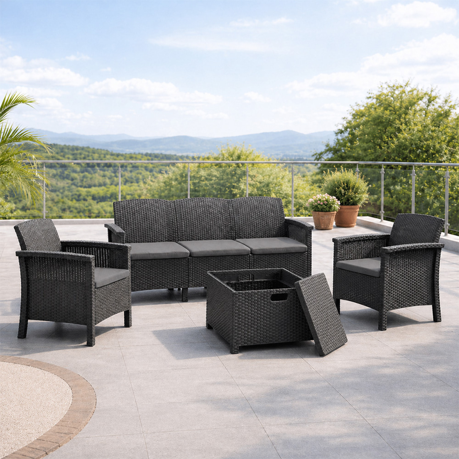 Salon de jardin 5 places effet résine tressée gris anthracite avec table basse MENIA