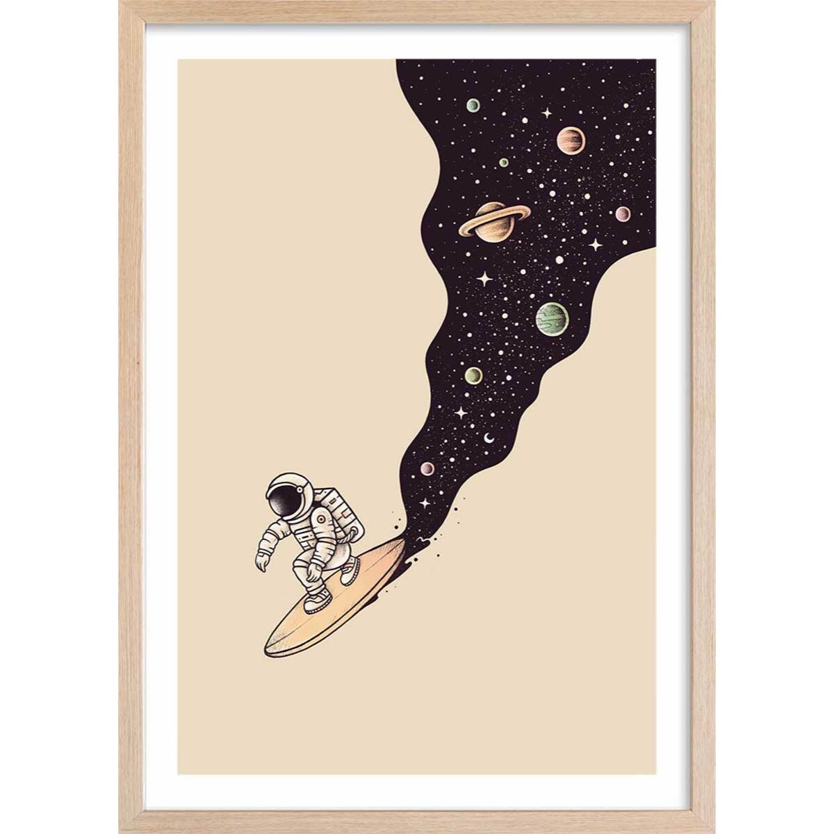 Affiche enfant longboard en cosmos  Affiche + cadre en bois - Chêne