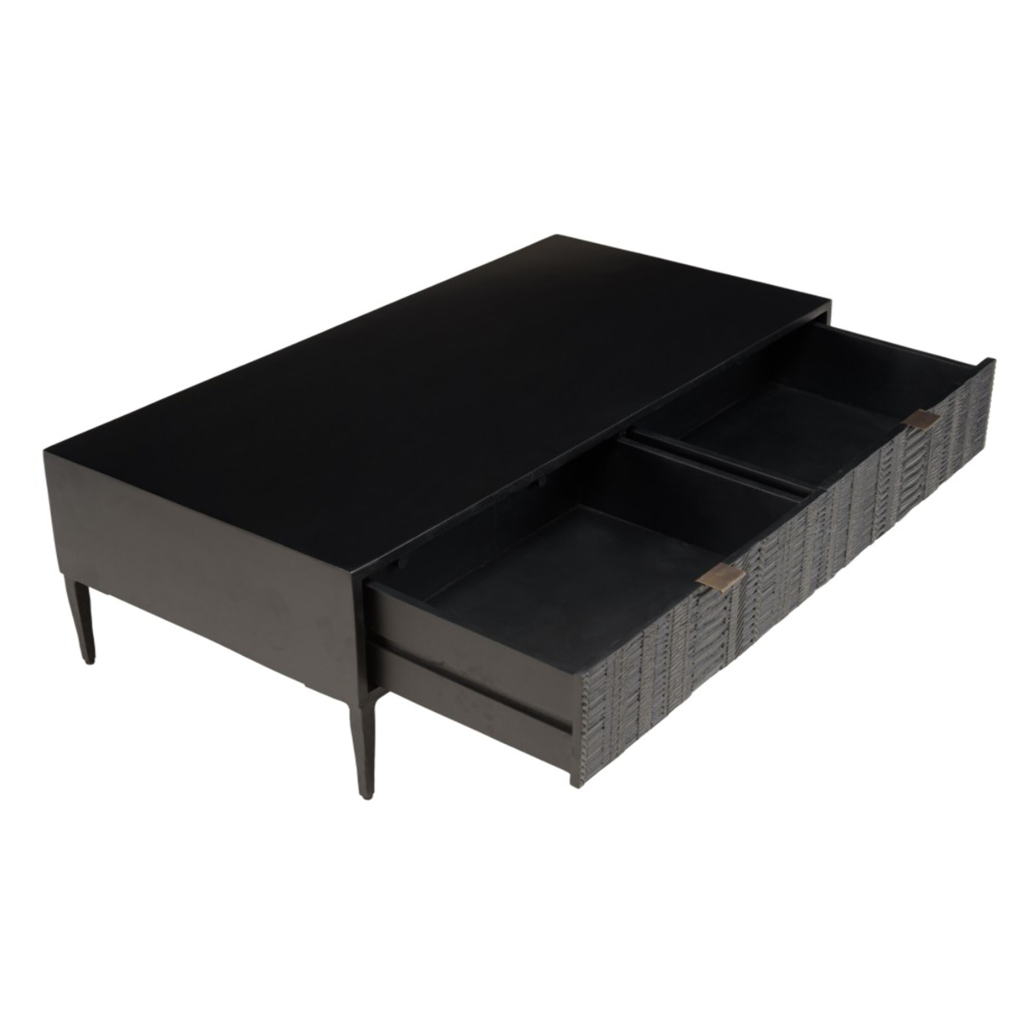 GLORIA - Table basse en manguier noir 2 tiroirs sculptés pieds métal