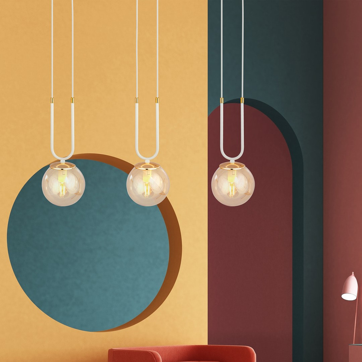 Lampada a sospensione GLAM in acciaio bianco e vetro ambra