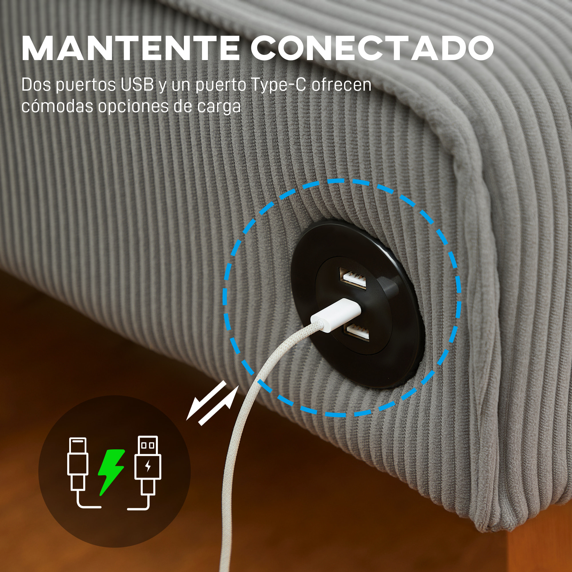 Sofá de 2 Plazas Tapizado en Pana Sofá de Salón sin Brazos con 2 Puertos USB 1 Puerto Tipo-C y Patas de Madera Sofá Pequeño Carga 220 kg 110x60x85 cm Gris