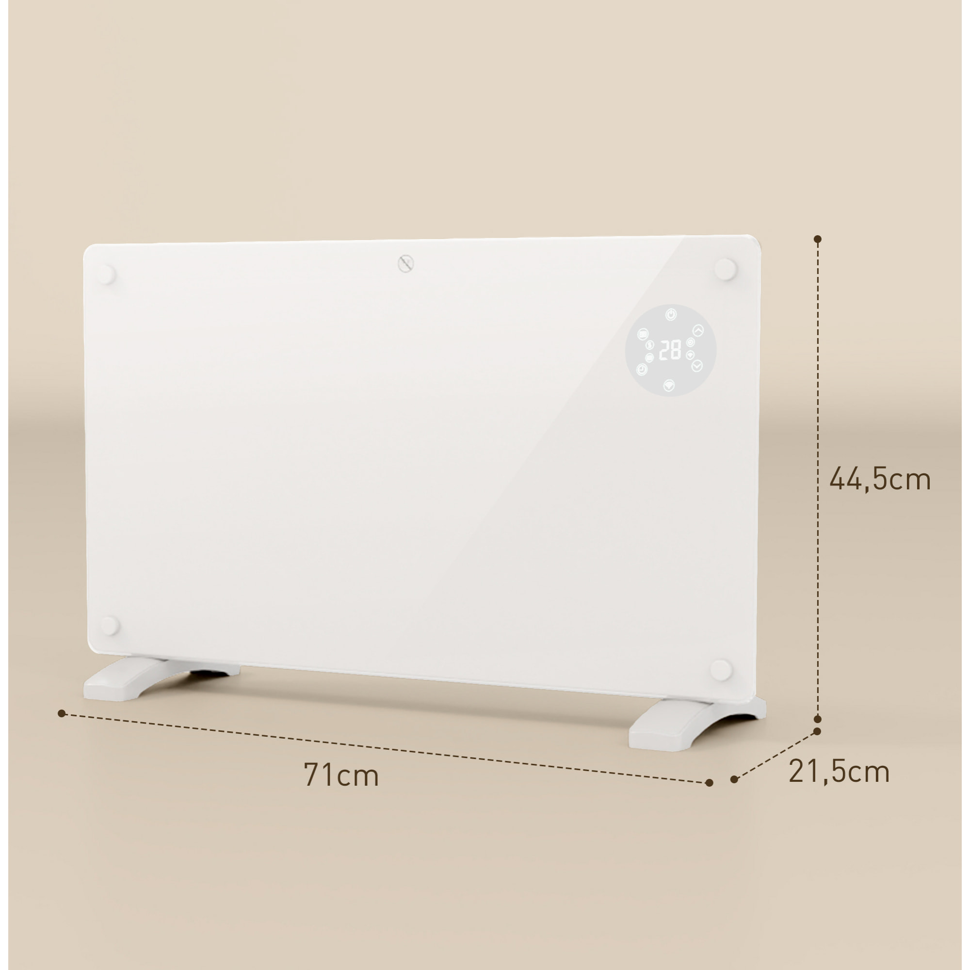 Radiateur à convection 1500W mural autoportant - affichage LED, timer 24h, thermostat, télécommande - verre blanc
