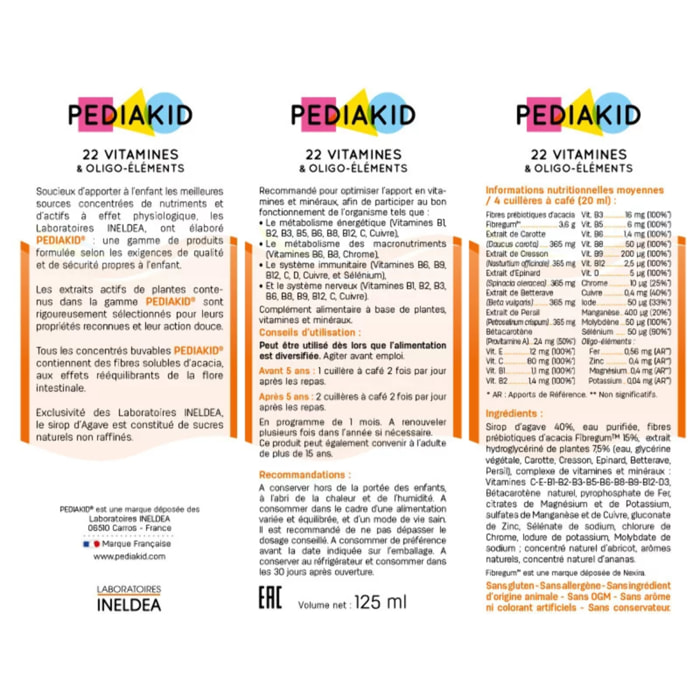 PEDIAKID - Complément Alimentaire Naturel Pediakid 22 Vitamines et Oligo-Éléments - Formule Exclusive au Sirop d'Agave - Optimise les Apports en Vitamines et Minéraux - Lot de 2 flacons 125ml