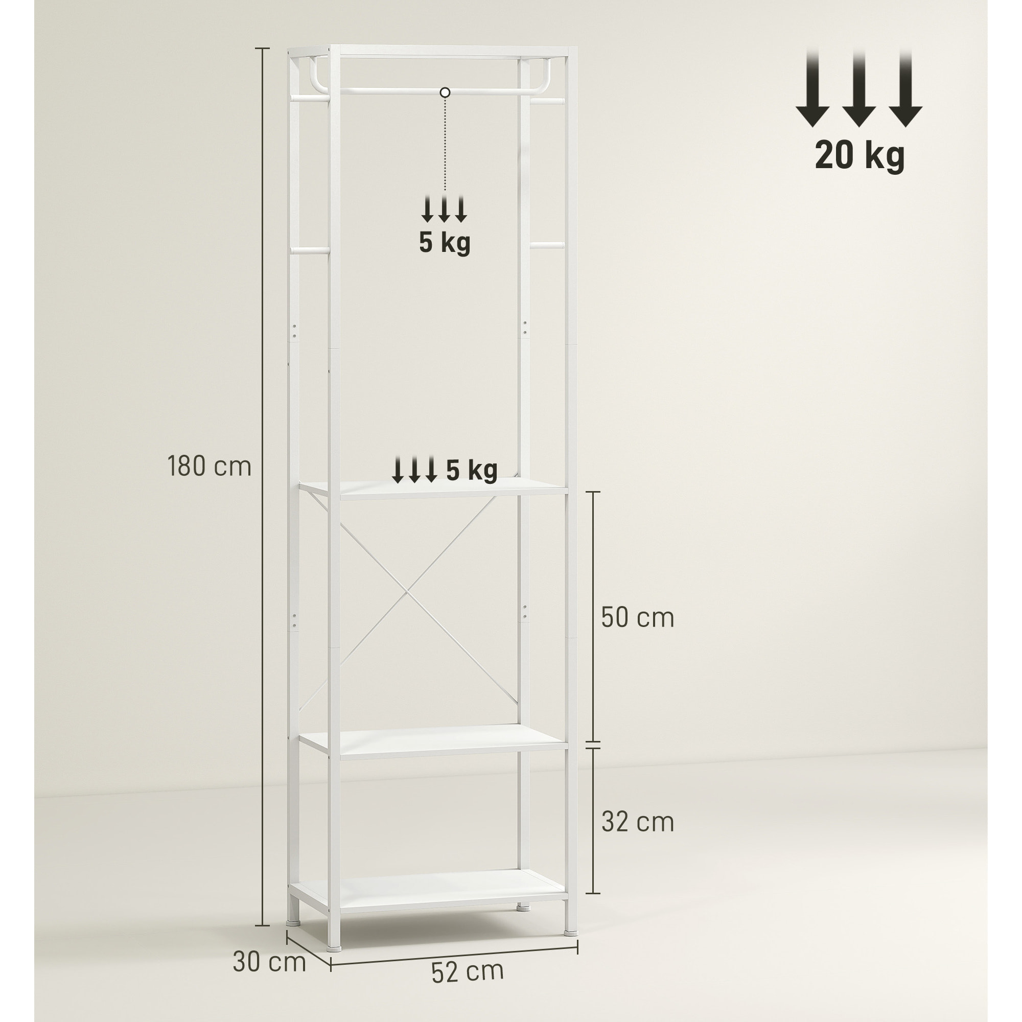 Vestiaire d'entrée portant - penderie, 4 patères, 3 étagères - dim. 52 x 30 x 180 cm - blanc