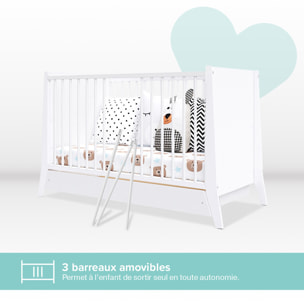 Lit Evolutif Timéo à barreaux 60 x 120 cm, Blanc, en Bois, 3 Hauteurs, Tiroir intégré, Barreaux amovibles