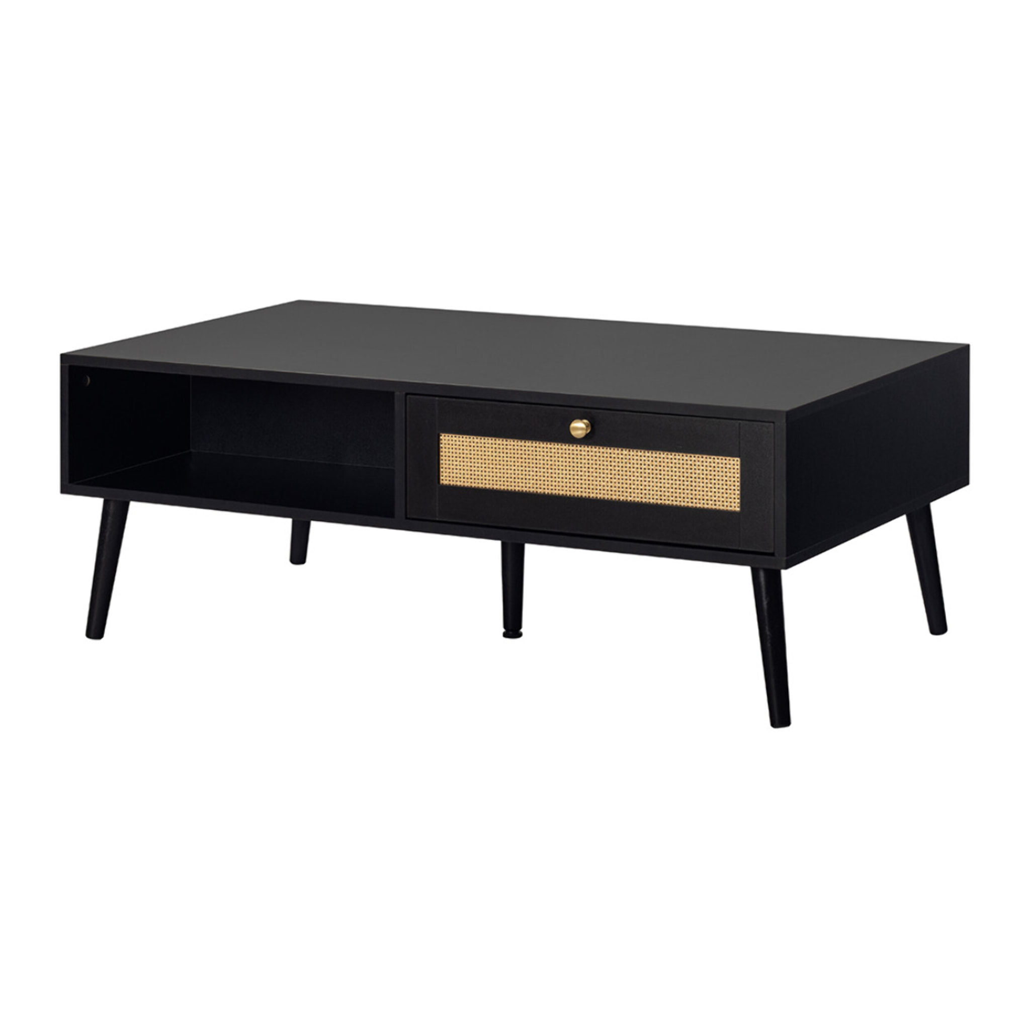 Goto - table basse - noir et cannage - 1 tiroir et 1 niche - 110 cm - Noir