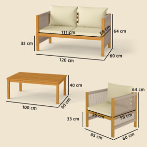 Conjunto de Jardín Exterior de 4 Piezas, Muebles Jardín Exterior con Sofá de 2 Plazas, 2 Sillones, Mesa de Madera de Acacia, Cojines Acolchados y Decoración de Cuerda PP, para Terraza, Beige