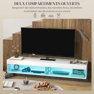 Meuble TV design LED suspendu mural - 75 pouces max. - 2 niches - dim. 180L x 40l x 30H cm - aspect bois blanc