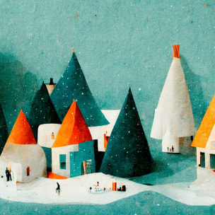 Affiche enfant petit village de neige  Affiche sous cadre noir