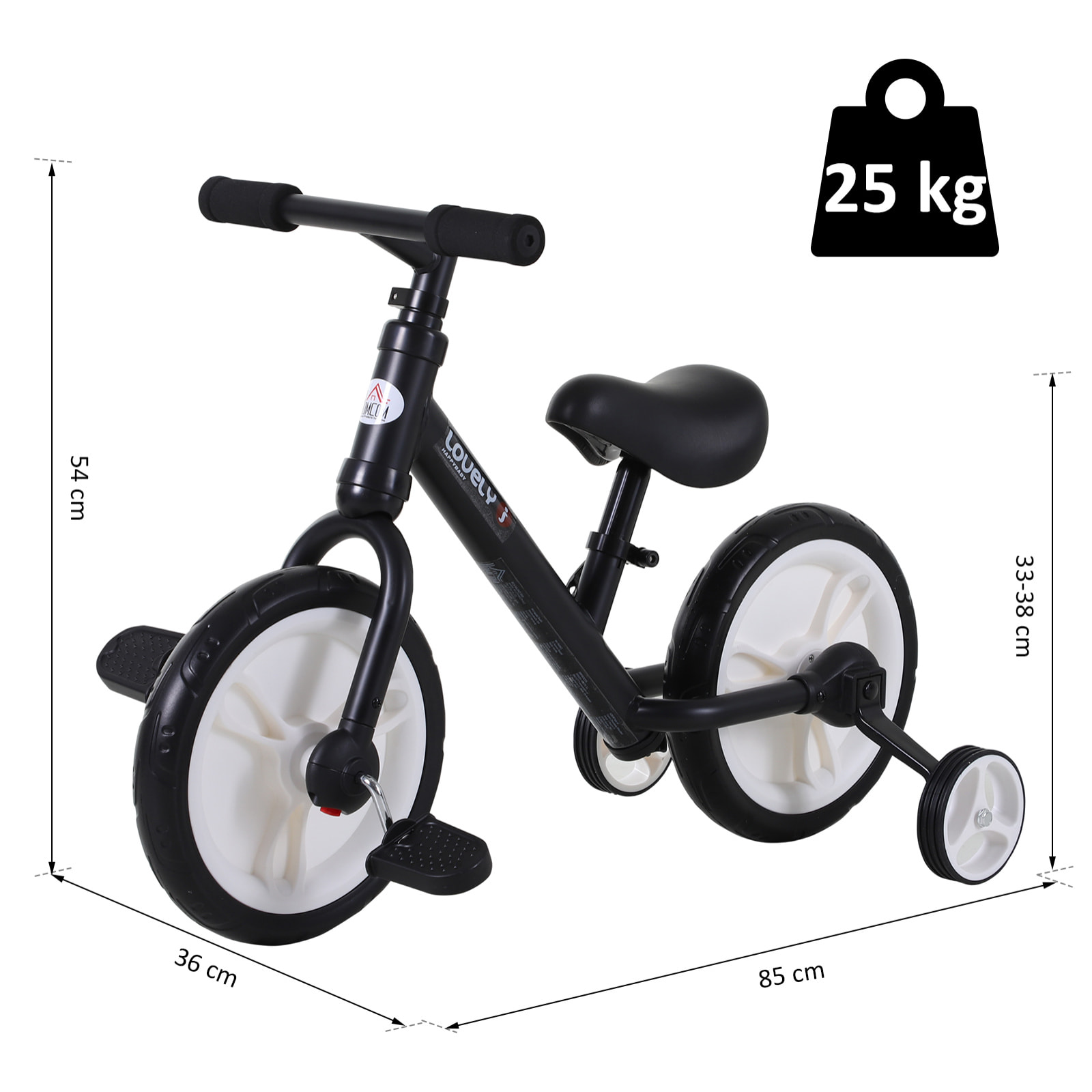Vélo enfant draisienne 2 en 1 roulettes et pédales amovibles roues 12" hauteur selle réglable acier noir