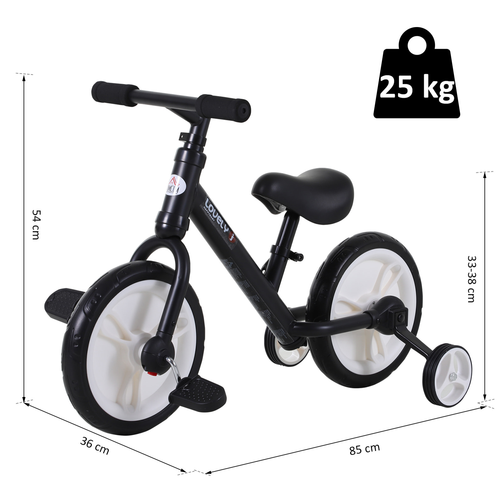 Vélo enfant draisienne 2 en 1 roulettes et pédales amovibles roues 11" hauteur selle réglable acier noir