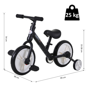 Vélo enfant draisienne 2 en 1 roulettes et pédales amovibles roues 11" hauteur selle réglable acier noir