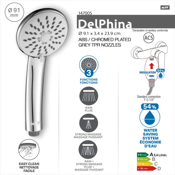 Pommeau de douche MSV Delfina Ø 91 mm – 3 fonctions – Économie d'eau 54 % – Chromé