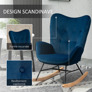 Fauteuil à bascule oreilles rocking chair grand confort accoudoirs assise dossier garnissage mousse haute densité aspect velours bleu