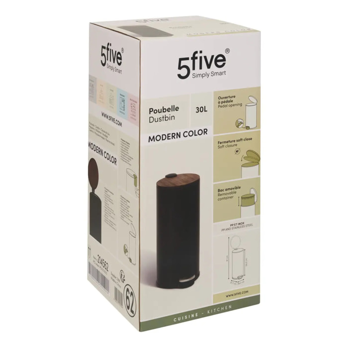 Poubelle Modern Color avec Pedale 30L Noir et Acacia 29,2x37,7x59,5 cm
