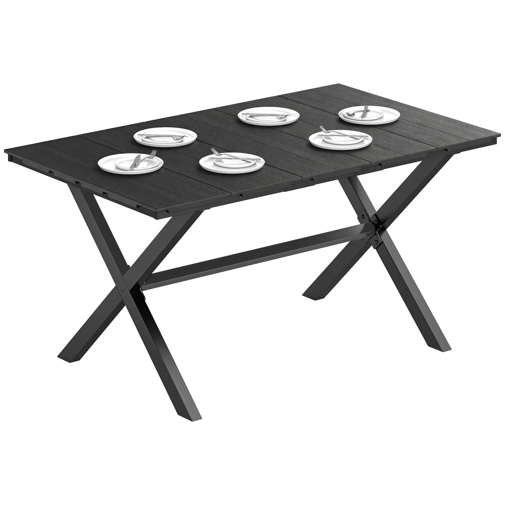 Mesa de Comedor de Jardín Rectangular, Mesa de Terraza Exterior 150x90x74 cm, con Encimera de HDPE de Listones y Estructura Metálica, para 6 Personas, Carga 50 kg, para Patio, Balcón, Negro