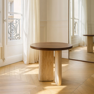 Table d'appoint ronde avec plateau foncé et pied effet travertin 40cm AMBER