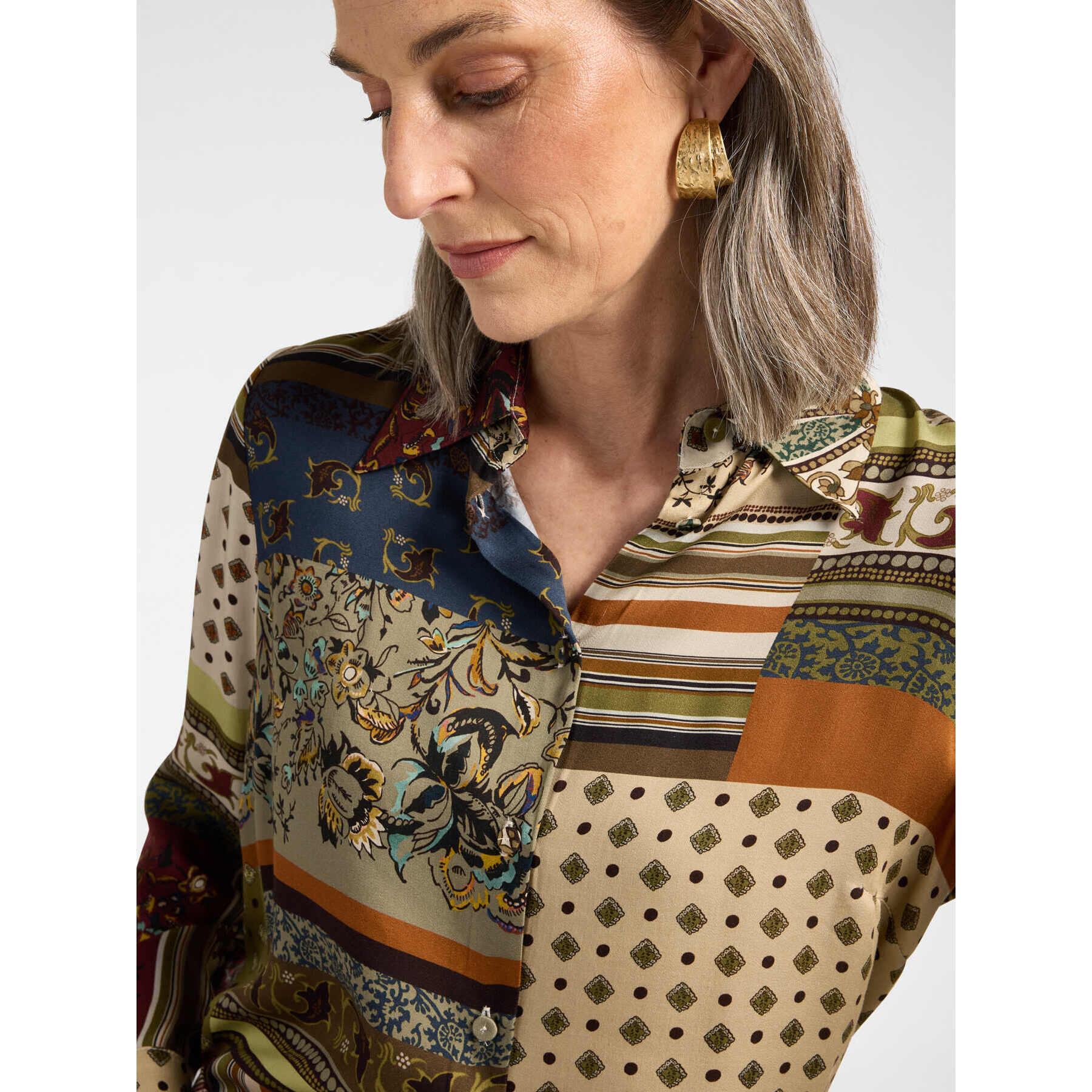 Elena Mirò - Camicia in raso stampata patchwork - Verde militare
