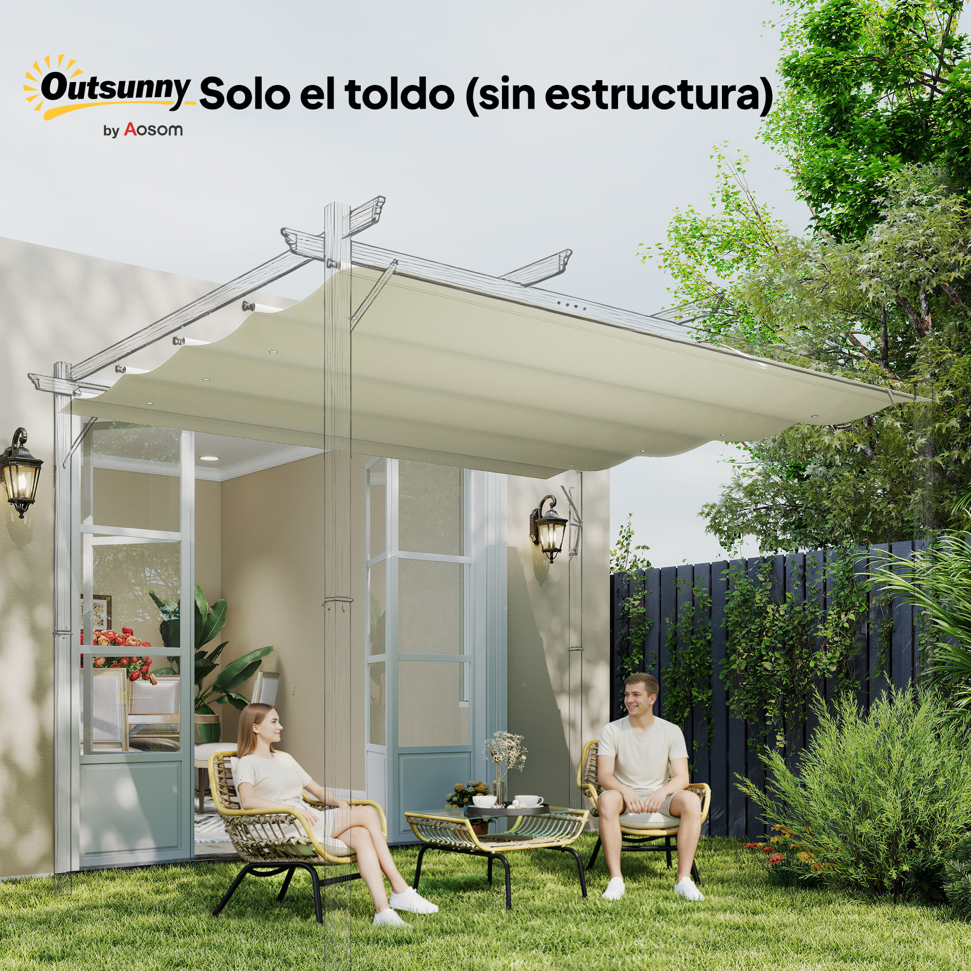 Techo de Pérgola 3x2,5 m, Techo de Repuesto Retráctil para Marco de Pérgola de 3x2 m, UV30+, Toldo de Tela Solo para Cenador Jardín con 8 Orificios de Drenaje, Crema