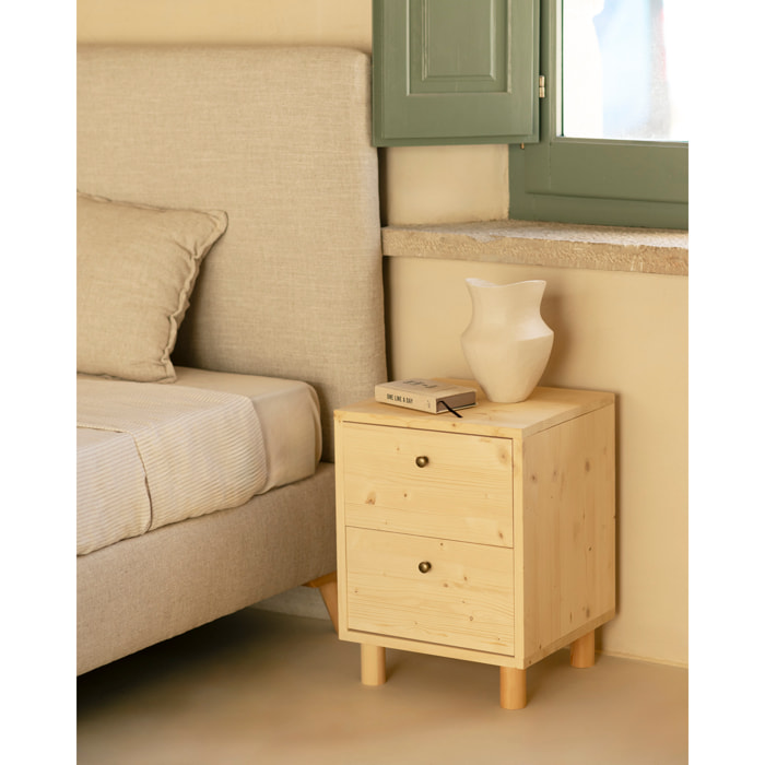 Mesita de noche de madera maciza con dos cajónes en tono natural de 51x38cm Alto: 50.5 Largo: 37.5 Ancho: 36